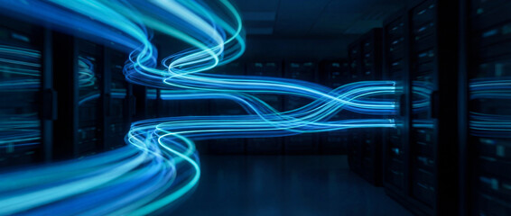 Digital Data Flow: A captivating portrayal of digital information flowing seamlessly through a server room, visualized as dynamic streams of light, representing the backbone of modern technology.