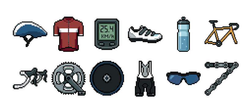 Pixel art set of bicycle components and cycling gear including a helmet, jersey, computer, and frame, rendered in a colorful 8-bit retro video game sprite illustration style