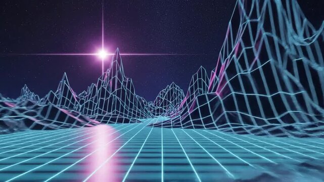 Retro futuristic landscape with glowing grid, mountains, and starry sky background.