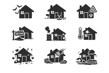 Black disaster icon set showing haunted house, leaks, radiation warning, foreclosure, pollution, heat, hail, meteor strike and flood symbols for insurance, risk assessment and emergency.