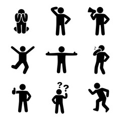 Set of black stick figure pictograms showing emotions and actions: crying, thinking, cheering, speaking, coughing, thumbs up, questions and running. For UX, presentations and infographics.