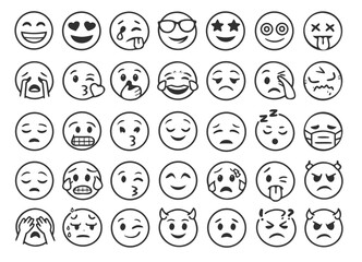 Large set of hand-drawn emoji faces showing diverse emotions and reactions in doodle outline style. Expressive smileys grid isolated on white for chat, stickers, ui.