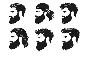 Set of six black male profile silhouettes with beard and modern hairstyles including man bun and cap, isolated on white. Barber shop avatar icons for grooming and style.