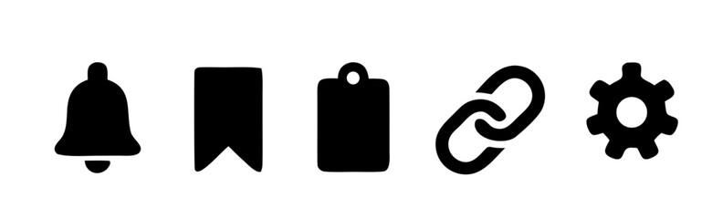 Bold black UI icons for notification bell, bookmark ribbon, tag label, link chain and settings gear, isolated on white. Minimal navigation concept for apps and websites.