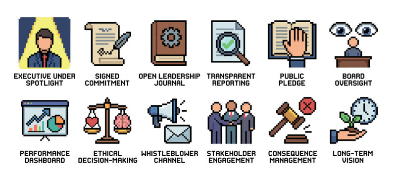 Collection of pixel art icons representing corporate governance concepts like leadership, transparency, ethics, and stakeholder engagement in a retro 8-bit video game style