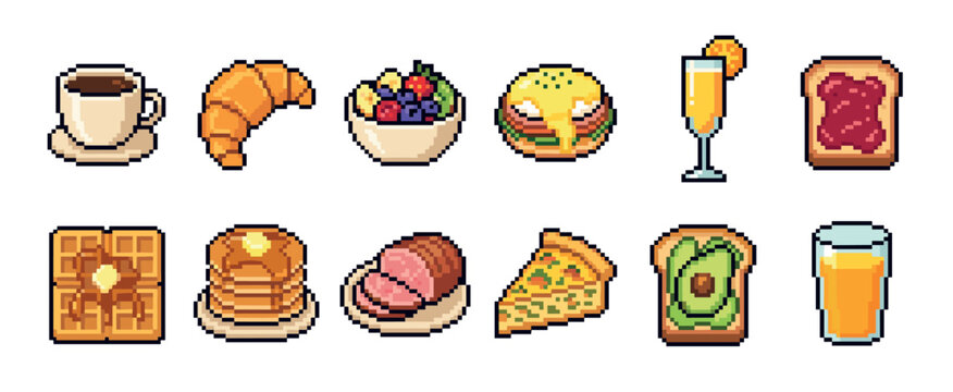 Collection of pixel art breakfast food and drink icons including coffee, pancakes, waffles, and juice in a retro 8-bit video game style illustration set
