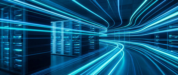 Data Highway: Visualizing the dynamic flow of data streams through a network of servers, symbolizing digital connections and the essence of modern technology. 