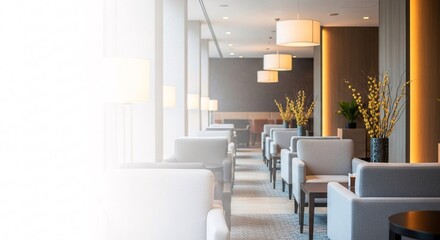Fototapeta premium Modern hotel lobby with lounge chairs and decor with copy space