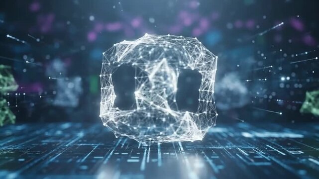 Abstract polygonal cube floating above a circuit board, representing digital technology.