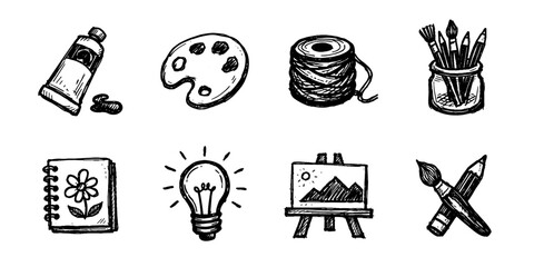Obraz na płótnie Canvas Art supplies sketch icon collection in black. Set of paint tube, palette, yarn, brushes, sketchbook, easel and pencil icons in doodle style