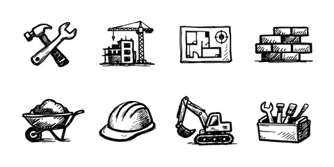 Construction sketch icon collection in black. Set of helmet, crane, tools, bricks, blueprint, building, truck and warning icons in doodle style © stas111
