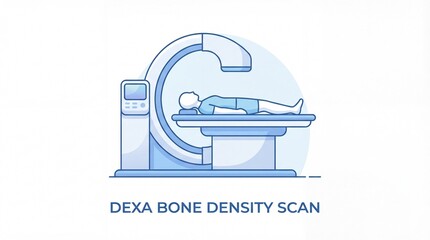 Patient lying on table for dexa bone density scan. Medical diagnostic procedure for osteoporosis and bone health. Healthcare radiology concept.