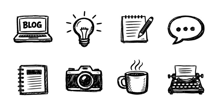 Content creation sketch icon collection in black. Set of blog, idea, notes, chat, notebook, camera, coffee and typewriter icons in doodle style