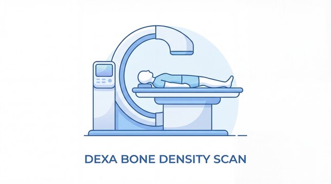 Patient lying on table for dexa bone density scan. Medical diagnostic procedure for osteoporosis and bone health. Healthcare radiology concept.