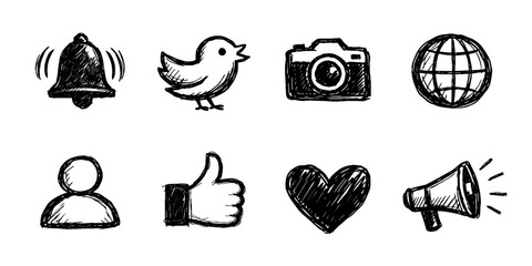 Naklejka na ściany i meble Social media sketch icon collection in black. Set of notification bell, bird, camera, globe, user, like, heart and megaphone icons in doodle style