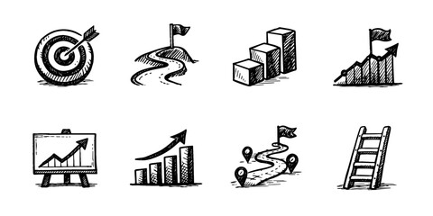 Fototapeta na wymiar Business strategy sketch icon collection in black. Set of target, roadmap, progress chart, milestone steps, analytics board and planning icons in doodle style
