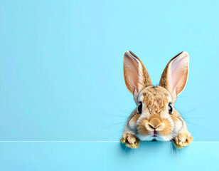 Obraz premium Cute Easter bunny peeking over blue background with copy space.