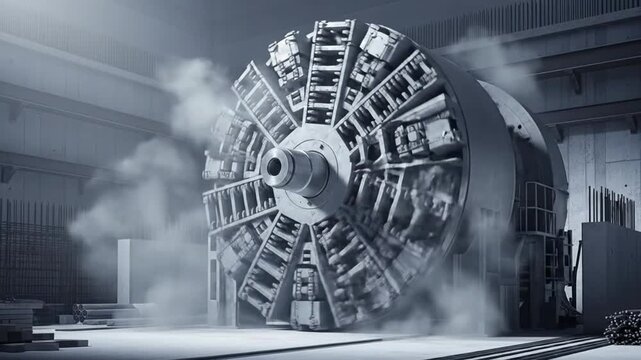 Large tunnel boring machine with a rotating cutting head inside a construction site.