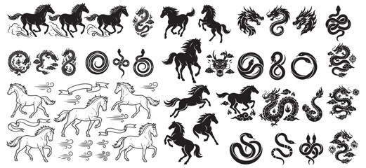 Obraz premium Zodiac horse silhouettes with astrology symbols on white background