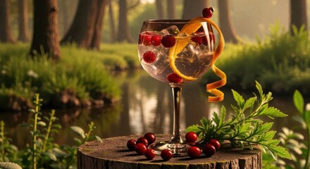 A refreshing cocktail with cranberries and orange peel on a tree stump in a serene forest setting with lush greenery and a stream