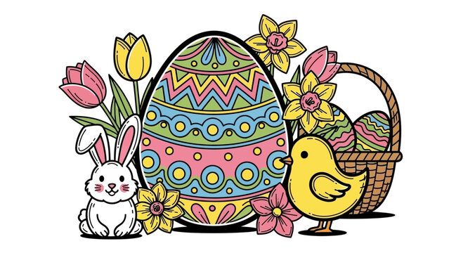 Colorful Easter Egg with Bunny and Chick.