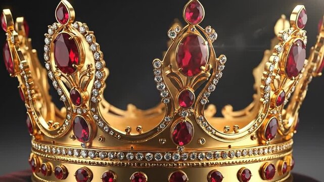 Ornate golden crown adorned with red jewels, resting on a dark surface.