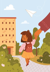 Child holding hand walking to school with paper airplane parent