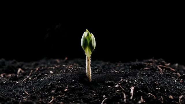 Sprouting plant growing from soil timelapse spring growth concept life beginning nature background copy space earth ecology sustainability close up