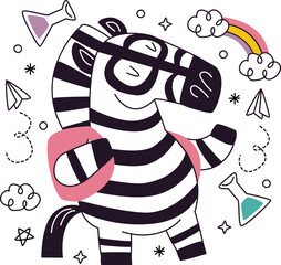Cool cartoon zebra wearing sunglasses and backpack with rainbow animal