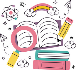 Childrens illustration of open book magnifying glass pencil and atom vector