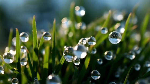 Morning dew drops on green grass close up spring meadow background sunrise light reflection moisture nature copy space fresh purity macro