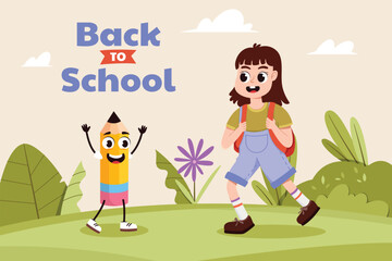Girl and Pencil Character Back to School Scene vector illustration