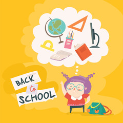Girl thinking about school supplies and back to school message education learning