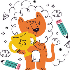 Happy cartoon lion holding a golden trophy with school elements award winner