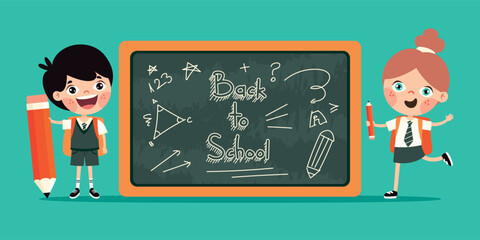 Happy cartoon children with large pencil and blackboard for back to school education