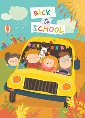 Happy children and dog in a yellow school bus with autumn foliage bkbts1