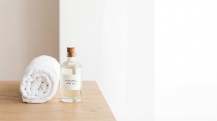 Bottle of natural spa oil and white towel on wooden table. Perfect for bone health massage, joint pain relief and relaxation therapy sessions.