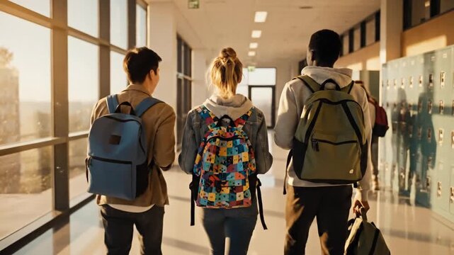 Three students walking down a school hallway with backpacks in a video about education