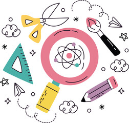 Science And Art Supplies With Magnifying Glass And Atom Model scissors paintbrush