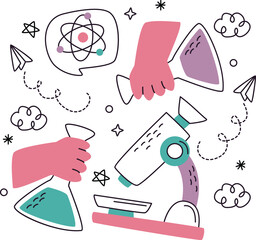 Science Equipment With Hands And Atom Model On White Background laboratory microscope