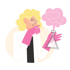 Scientist with blonde curly hair conducting a pink chemical experiment smoke