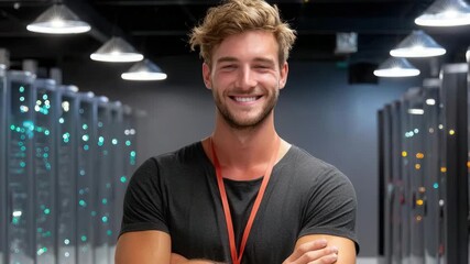 Smiling young man in data center with server racks - Powered by Adobe