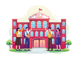 Students waving in front of a school building education learning