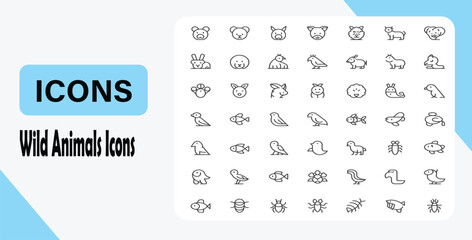 60 minimal line icons of animals including pets farm animals wild animals birds fish reptiles and insects