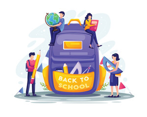 Students with school supplies around a giant backpack education learning