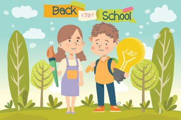 Two children with school supplies and lightbulb in a park setting back to school