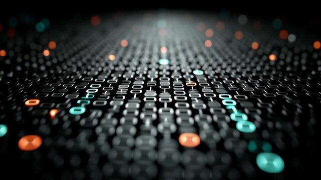 Abstract digital landscape featuring binary code patterns glowing with various colors. ideal for illustrating concepts such as technology, data analysis, cybersecurity, and digital innovation. high-te