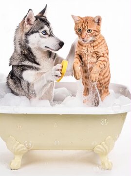 Comedy Scene A Husky Dog Bathing A Grumpy Orange Cat In An Old-Fashioned Clawfoot Tub Overflowing With Foam, As The Cat Suddenly Jumps Up And Down, Splashing Water And Bubble