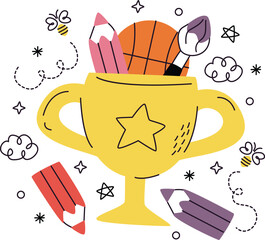 Yellow Trophy With School Supplies And Bees On White Background award winner