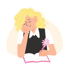 Young girl with blonde curly hair writing in a pink notebook with a flower pen vector